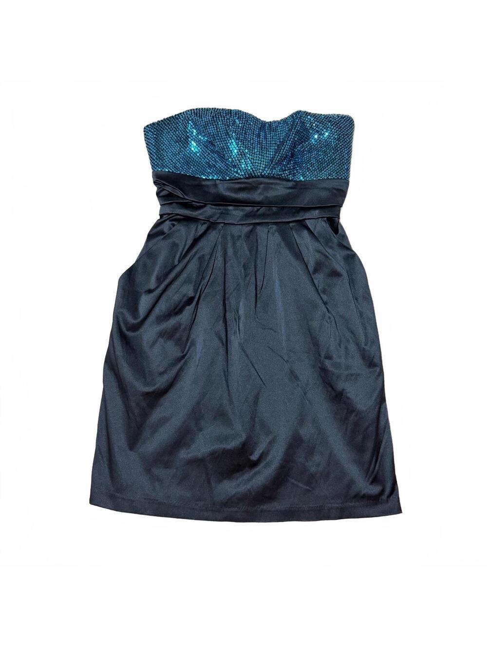 Ruby Rox Y2K Dress Size 7 Teal Sequin Black Satin Strapless Party Homecoming